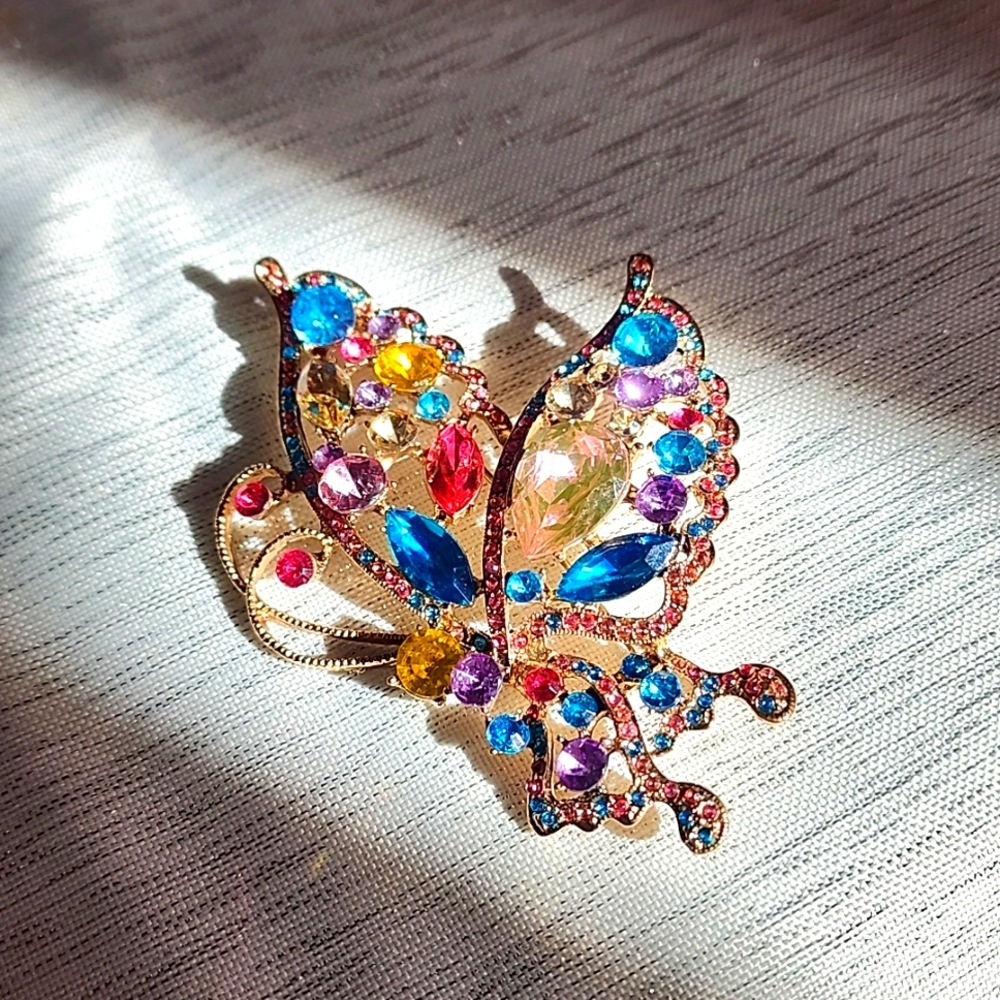 Vibrant Multicolored Rhinestone Butterfly Brooch